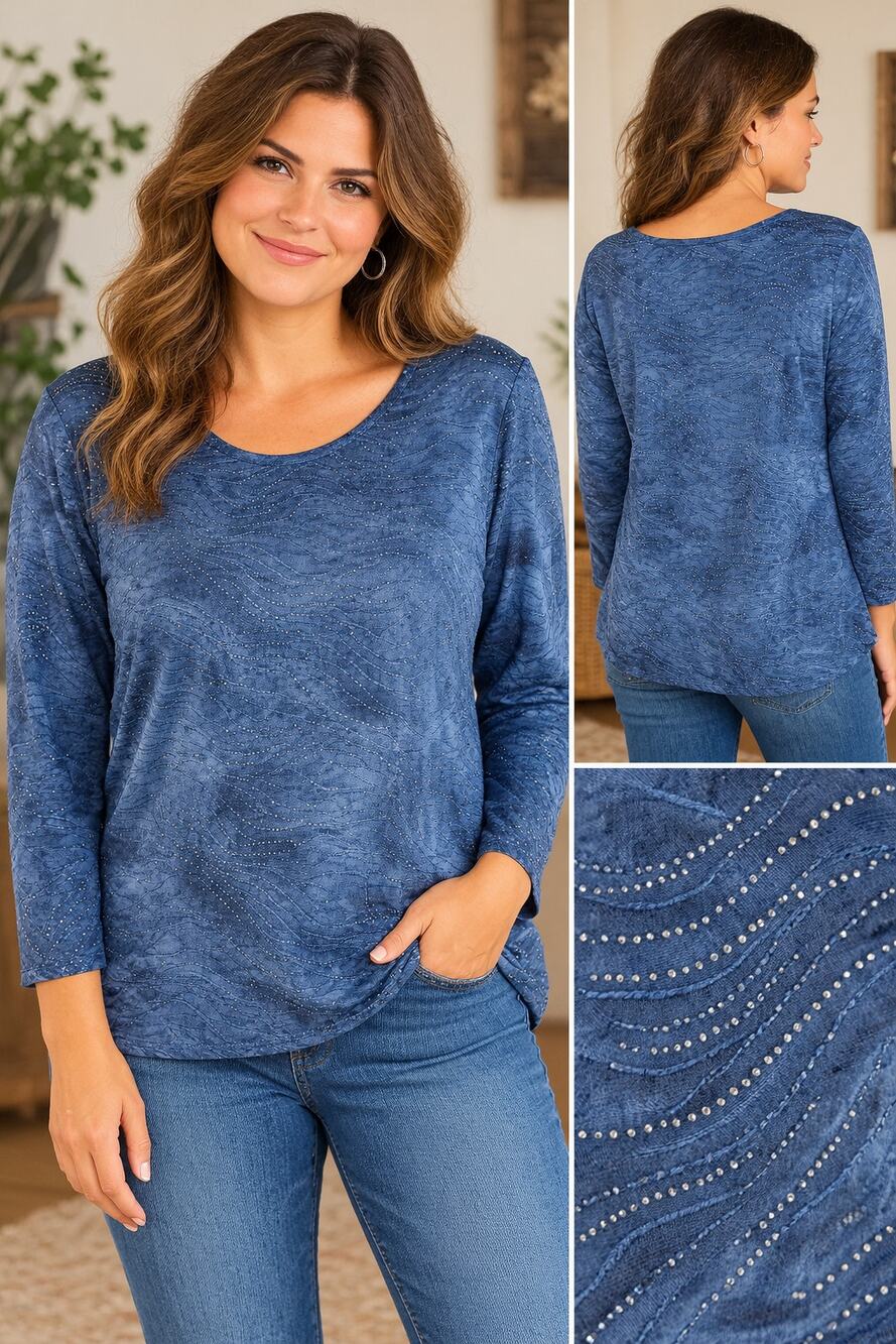 JM Collection XL Blue Embellished Wave Print Long Sleeve Stretch Top